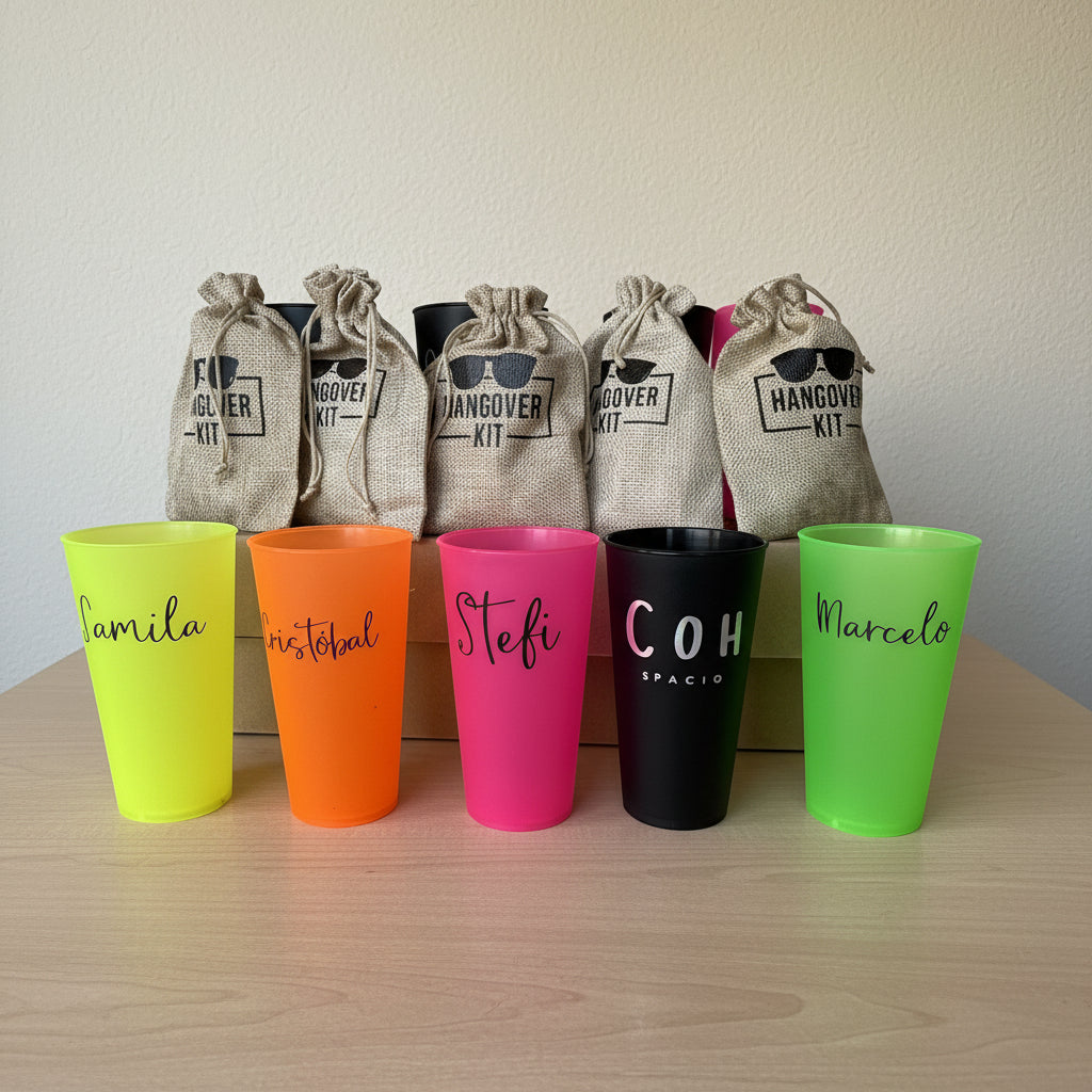 Pack 5 Vasos Personalizado  Flúor 380cc + 5 Kit Anticañas Tela Crea