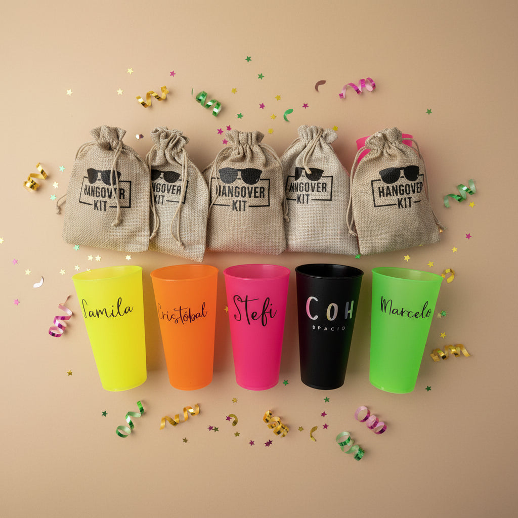 Pack 5 Vasos Personalizado  Flúor 380cc + 5 Kit Anticañas Tela Crea