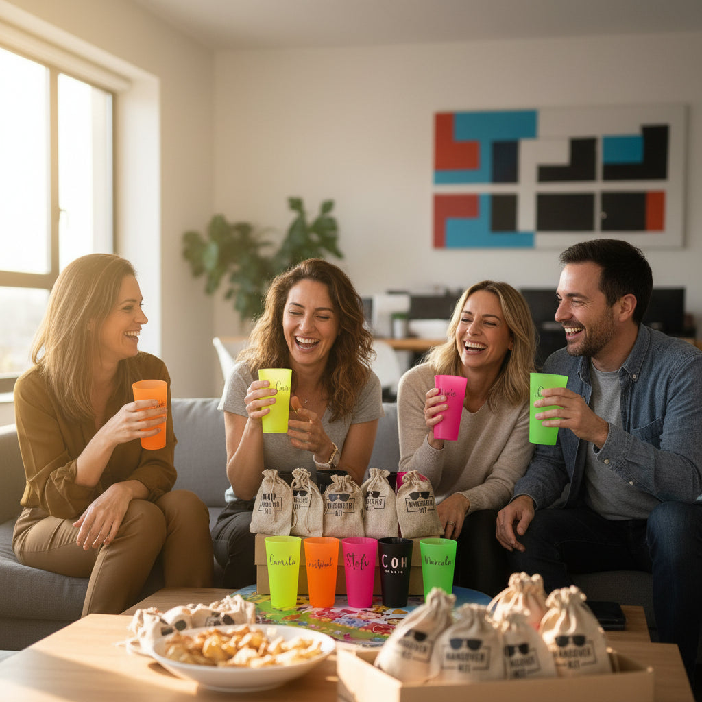 Pack 5 Vasos Personalizado  Flúor 380cc + 5 Kit Anticañas Tela Crea