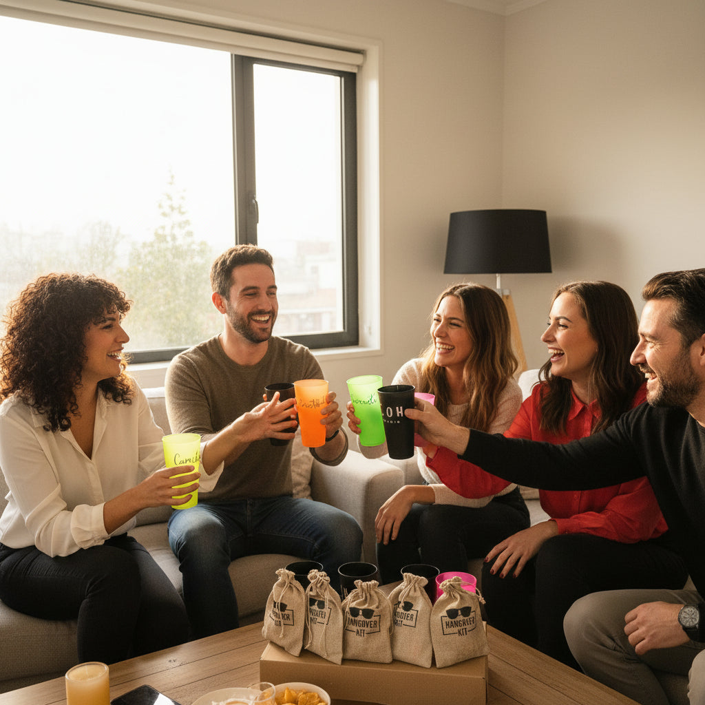 Pack 5 Vasos Personalizado  Flúor 380cc + 5 Kit Anticañas Tela Crea